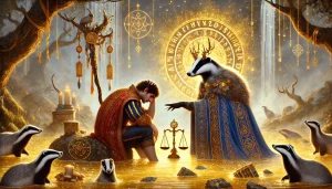 "The shamanic badger Sila watches King Midas kneeling desolate in the river Pactolo, as he washes his hands in the golden water to rid himself of his curse. The scene is mystical, with glowing runes surrounding Sila and broken golden objects in the background, symbolizing excess and regret."